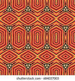 Seamless striped vector pattern. Vintage colored decorative repainting background with tribal and ethnic motifs. Abstract geometric roughly hatched shapes colored with hand drawn brush stokes.
