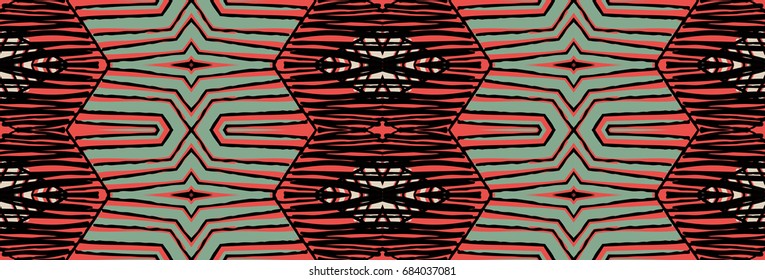 Seamless striped vector pattern. Vintage colored decorative repainting background with tribal and ethnic motifs. Abstract geometric roughly hatched shapes colored with hand drawn brush stokes.