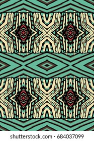 Seamless striped vector pattern. Vintage colored decorative repainting background with tribal and ethnic motifs. Abstract geometric roughly hatched shapes colored with hand drawn brush stokes.