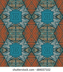 Seamless striped vector pattern. Vintage colored decorative repainting background with tribal and ethnic motifs. Abstract geometric roughly hatched shapes colored with hand drawn brush stokes.