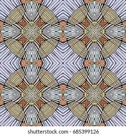 Seamless striped vector pattern. Vintage colored decorative repainting background with tribal and ethnic motifs. Abstract geometric roughly hatched shapes colored with hand drawn brush stokes.