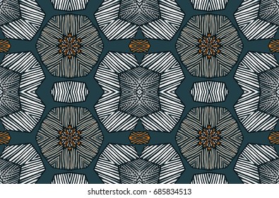 Seamless striped vector pattern. Vintage colored decorative repainting background with tribal and ethnic motifs. Abstract geometric roughly hatched shapes colored with hand drawn brush stokes.