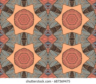 Seamless striped vector pattern. Vintage colored decorative repainting background with tribal and ethnic motifs. Abstract geometric roughly hatched shapes colored with hand drawn brush stokes.