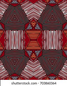 Seamless striped vector pattern. Vintage colored decorative repainting background with tribal and ethnic motifs. Abstract geometric roughly hatched shapes colored with hand drawn brush stokes.