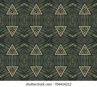 Seamless striped vector pattern. Vintage colored decorative repainting background with tribal and ethnic motifs. Abstract geometric roughly hatched shapes colored with hand drawn brush stokes.