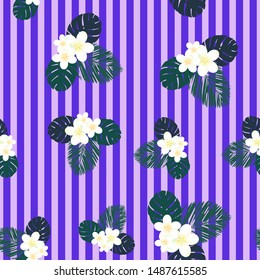 Seamless striped vector tropical pattern. Plumeria, frangipani.