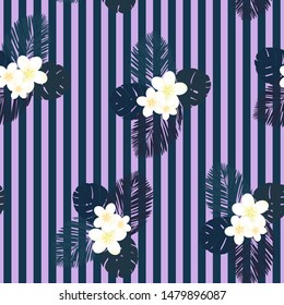 Seamless striped vector tropical purple pattern. Plumeria, frangipani. Seamless  exotic vector beach wallpaper.