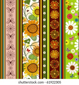 Seamless striped vivid summer pattern with floral application (vector)