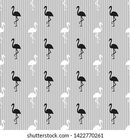 Seamless striped wallpaper with flamingos. Cartoon birds. Print for polygraphy, shirts and textiles. Abstract texture. Pattern for design. Black and white illustration