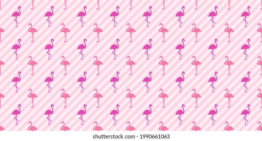 Seamless striped wallpaper with flamingos. Cartoon birds. Abstract stripe texture. Pattern for design