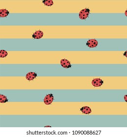 seamless striped yellow and blue background with ladybugs. Hand drawing illustration.