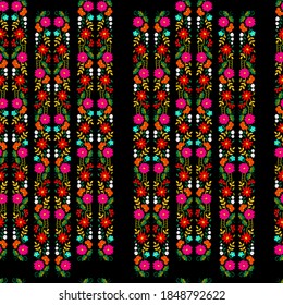 Seamless stripes floral,hand-drawn,pink geranium folk style,red chrysanthemums,ladder,white bells,bluish wildflowers on a black background,for cover,for fabric,for the screen,for wallpaper,for wrappin