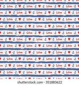 seamless stripes pattern with hearts and anchors