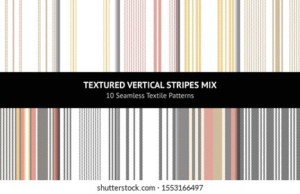 Seamless stripes pattern set. Abstract black, gold, yellow, red, and white vertical lines for autumn dress, bed sheet, duvet cover, trousers, or other modern fashion or home fabric print.