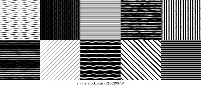 Seamless stripes patterns set, collection. Even, uneven streaks, strips, bars, wavy lines, doodle style waves, pinstripes backgrounds. Black and white hand, brush, chalk drawn striped templates. 