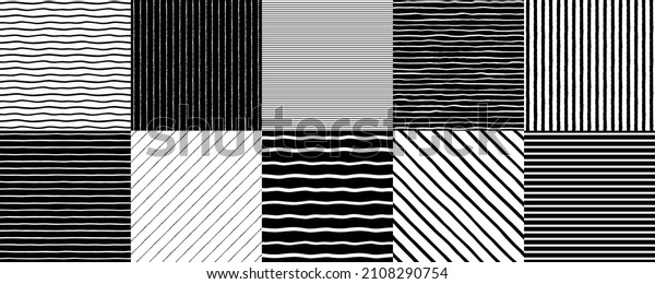 Seamless stripes patterns set, collection. Even, uneven\
streaks, strips, bars, wavy lines, doodle style waves, pinstripes\
backgrounds. Black and white hand, brush, chalk drawn striped\
templates. 