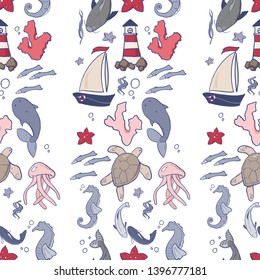 Seamless stripes vector pattern. Sea animals and objects.Textile, fabric, print. Sea collection. 