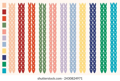 Seamless stripes, vertical knitted pattern, trendy colors spring summer 2024. Samples of knitted backgrounds for creating knitted warm clothes, knitwear, patterns. Advertising. Vector 