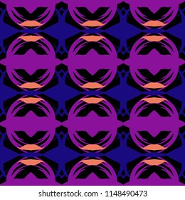 Seamless stripped bright pattern from geometrical abstract ornaments multicolored in purple and orange shades on blue background. Vector illustration. Suitable for fabric, wallpaper, wrapping paper