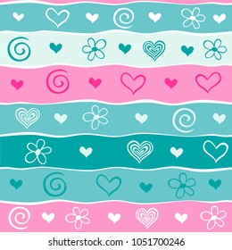  Seamless stripped pattern. Celebration background with hearts, flower. Vector illustration.