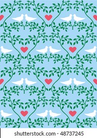 Seamless structure with branches, doves and hearts on blue background