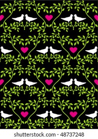 Seamless structure with branches, doves and hearts on black background