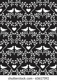 Seamless structure with branches, doves and hearts on black background