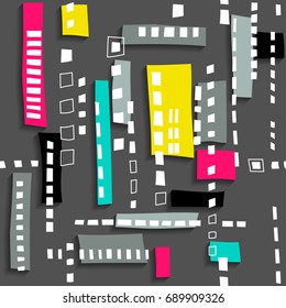 Seamless structure of stylized residential district. Black pattern with white windows and colored rectangles.