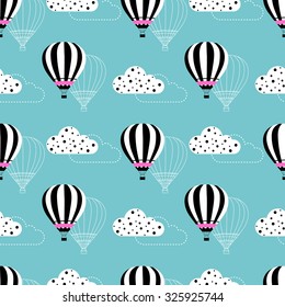 Seamless style black and white hot air balloon, kids illustration background pattern with clouds and circle on the sky. Vector