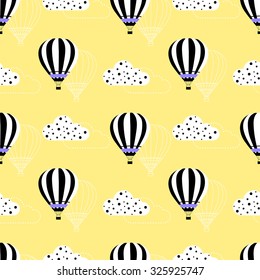 Seamless style black and white hot air balloon, kids illustration background pattern with clouds and circle on the sky. Vector