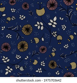 Seamless style doodle flower pattern on navy blue color. Botanical floral decoration texture with hand drawn yellow and pink petals and white dots and leaves. Vintage style fun and cute design.