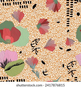 Patrón de estilo sin foco con flores silvestres sobre fondo colorido. Sencillo estilo escandinavo. Ilustración vectorial. Rústico, bufanda, diseño de patrones de estilo. Tela y textil. 