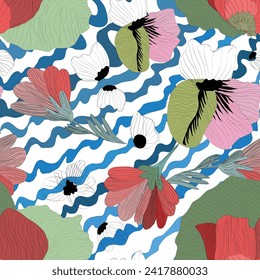 Seamless style pattern with wild flowers on colorful background. Simple scandinavian style. Vector illustration. Rustic, scarf, style pattern design. Fabric and textile. 