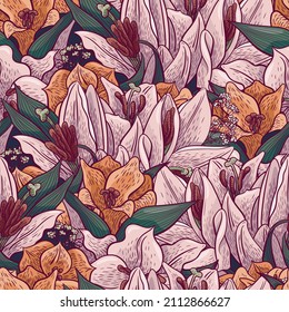 Seamless stylish background of lilies and alstroemeria. Endless pattern of flowers and leaves in pastel colors. A lash beautiful bouquet with an endless pattern for textiles and packaging