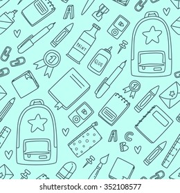 Seamless stylish background pattern with cute school supplies, pens, pencils, notebooks etc