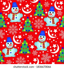 Nahtlose stylische Weihnachtsmuster mit Schneeflocken, Sternen, Monat, Bäumen und fröhlichen Schneemännern.Vektorgrafiken auf rotem Hintergrund für Design und Dekoration.