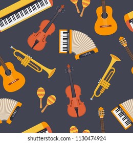 Seamless stylish colorful pattern of musical instruments on dark background. Violin, accordion, maracas, guitar, piano, pipe. Flat style. Vector illustration