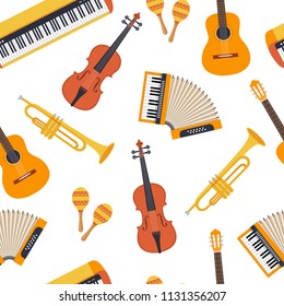 Seamless stylish colorful pattern of musical instruments on white background. Violin, accordion, maracas, guitar, piano, pipe. Flat style. Vector illustration