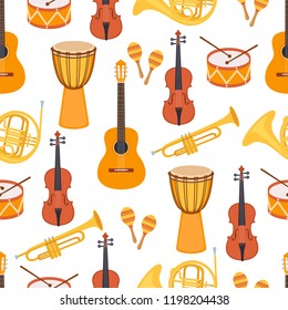 Seamless stylish colorful pattern of musical instruments on white background. Violin, djembe, drum, maracas, guitar, saxophone, pipe. Flat style. Vector illustration