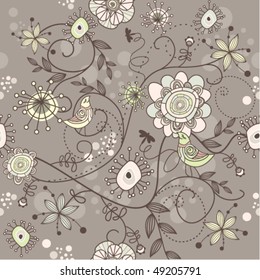 seamless stylish floral background with flowers and birds