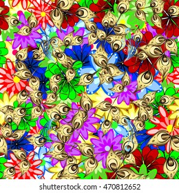 Seamless Stylish Floral Pattern with golden leaves. Mix of Colorful Flowers. Vector illustration.