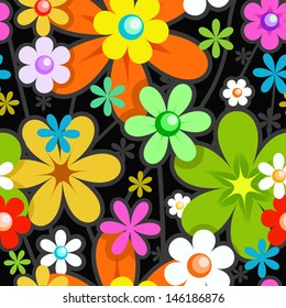 Seamless Stylish Floral Pattern. Mix of Colorful Flowers on Black. Background for Textile Design