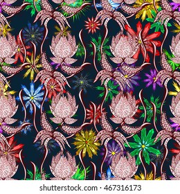 Seamless Stylish Floral Pattern. Mix of Colorful Flowers on dark blue background.