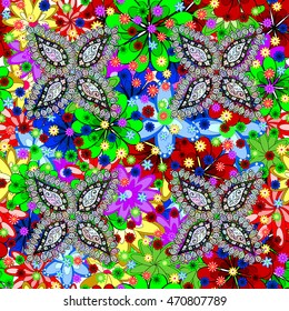 Seamless Stylish Floral Pattern. Mix of Colorful Flowers with white and black doodles. Vector illustration.