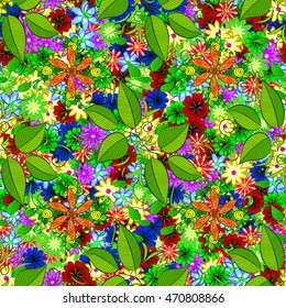 Seamless Stylish Floral Pattern. Mix of Colorful Flowers with green leaves. Vector illustration.