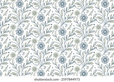 seamless stylish floral print with minimalist hand drawn flower sketches and trendy outline leaves for wallpaper and fashion
