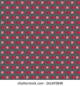 Seamless stylish geometric background. Modern abstract pattern. Flat textured design. Colored red and pink with hairy circles.