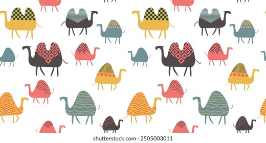 Seamless stylish geometric pattern with colorful camels. Vector illustration for fabric and textile.