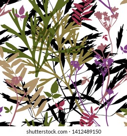 Seamless stylish leaves pattern. Seamless set silhouettes of botanical elements. Branches with leaves, herbs, wild plants, trees. Garden and forest collection of leaves and grass. Vector illustration 