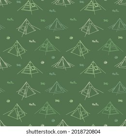 Seamless stylish outline pattern of outdoor teepee tent camping and grass. ready to use for cloth, textile, wrap and other.